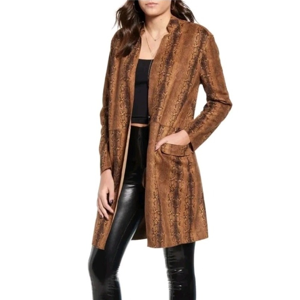 Blank NYC Tan Brown Faux Suede Snake Print Long Dressy Avant Garde Jacket Size L